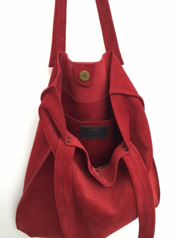 Red leather suede handbag